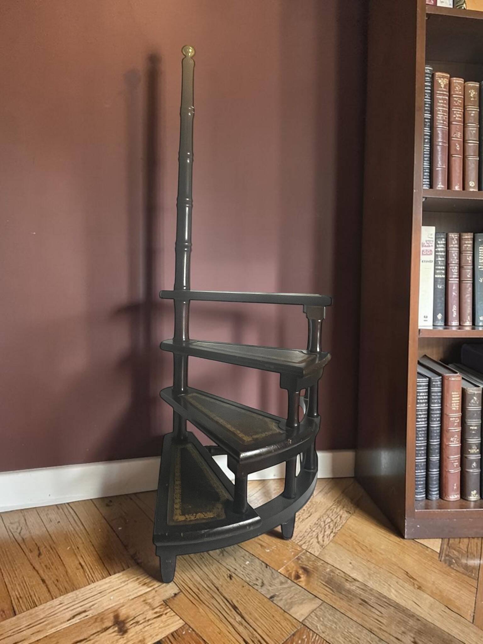 English library staircase wood and leather 20th century