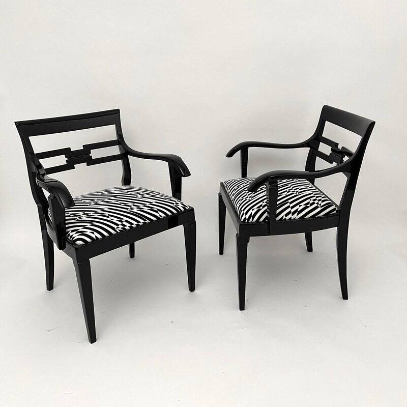 Art Deco Armchairs in Black Lacquer and Black-Creme Fabric, 1925