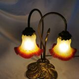 Brass water lily lamp and glass paste tulip, double, art nouveau style.