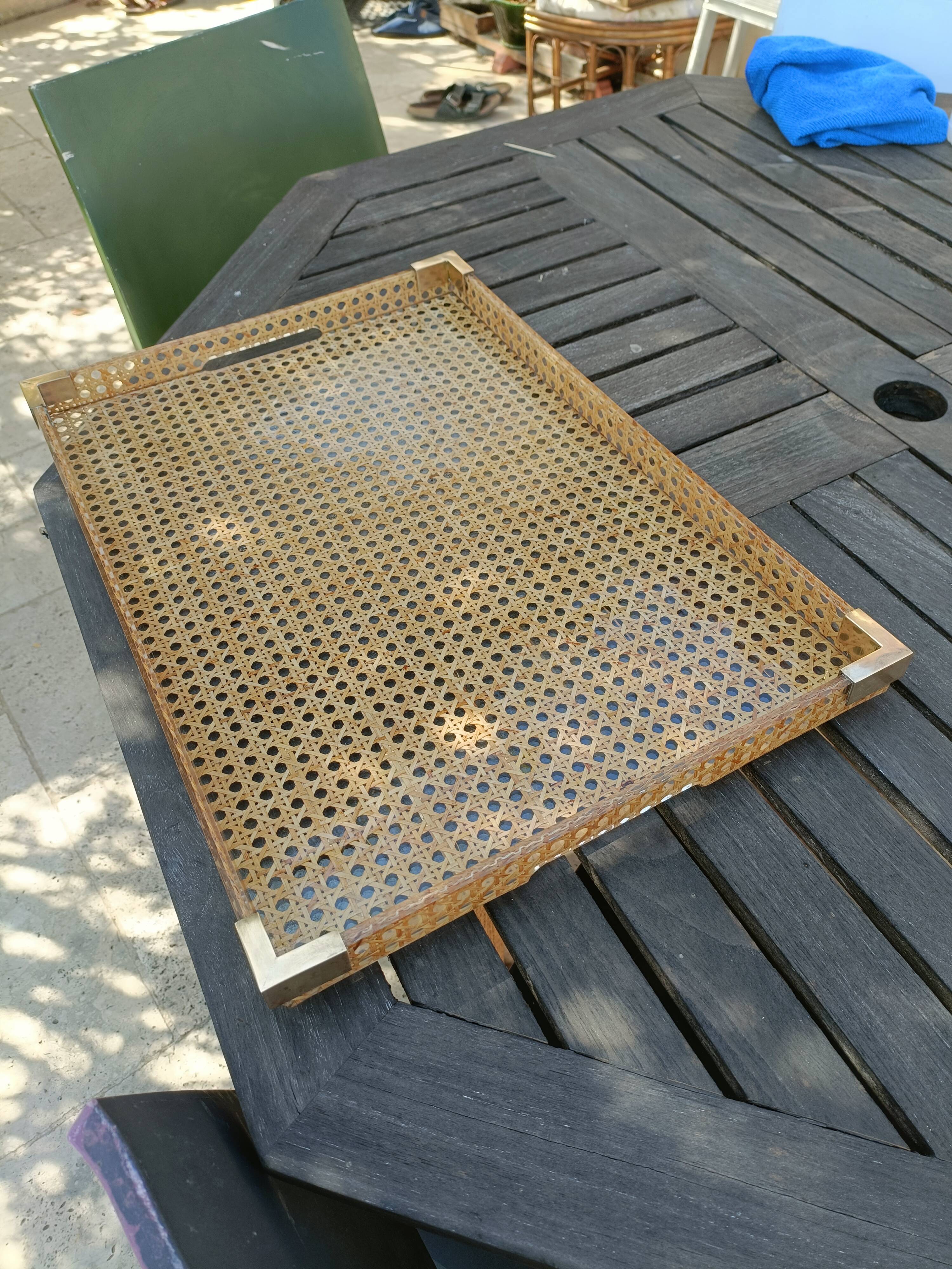 Vintage serving tray in resin and rattan cane