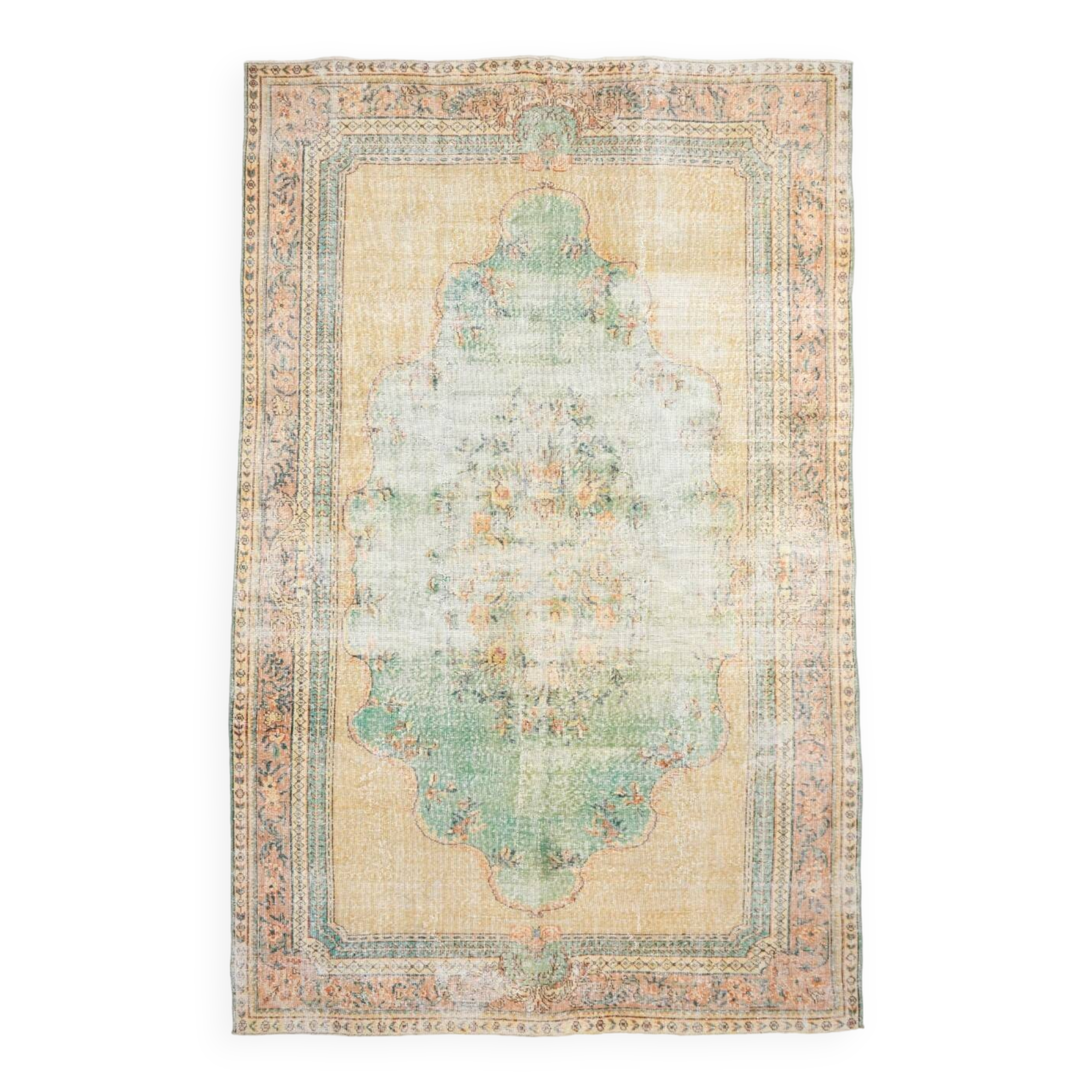 6x10 Peach Beige & Green Soft Wool Vintage Rug, 201x308Cm SK 5621