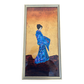 Michel Zeller painting, the blue Geisha on gold leaf