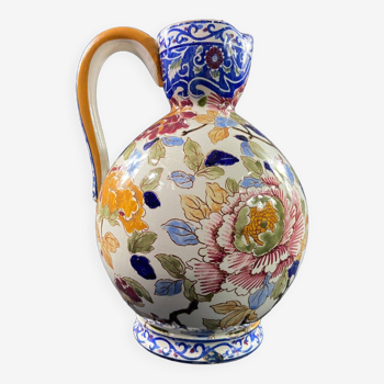Gien earthenware pot-bellied pitcher with Peonies decoration