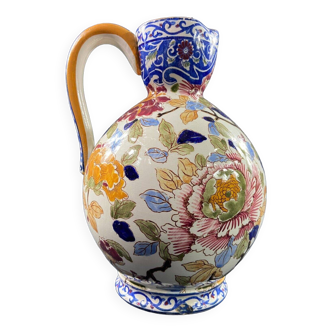 Gien earthenware pot-bellied pitcher with Peonies decoration