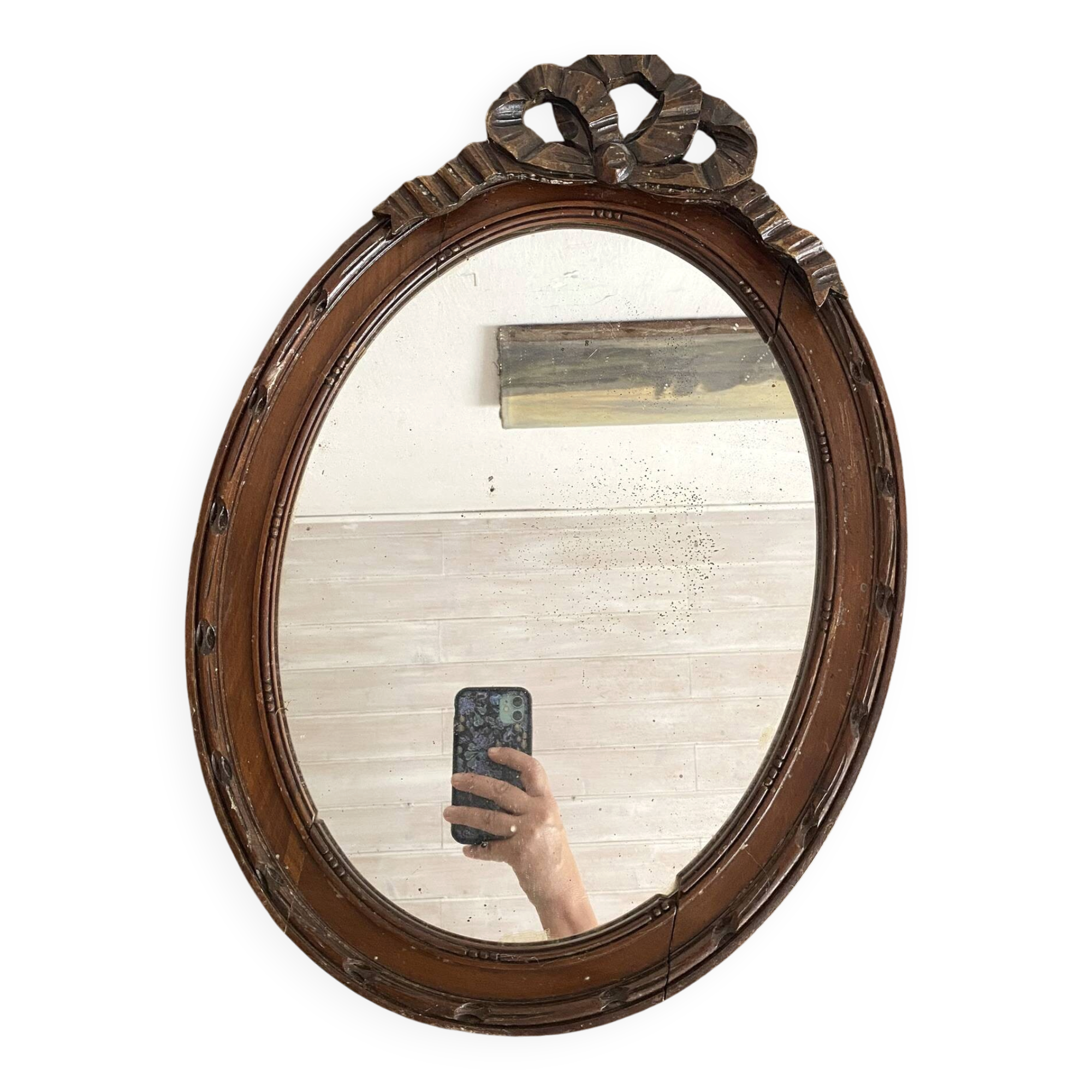 Miroir ovale mercure en bois sculpté décor nœud ruban 37X52