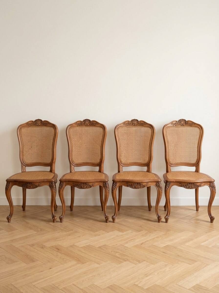 Set of 4 Regency chairs in caned cherry wood.