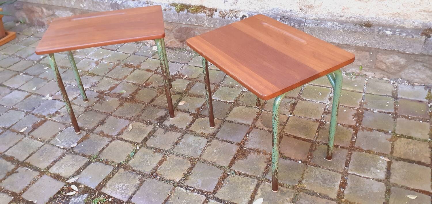 Pair of 1960s tables in tubular metal and solid teak