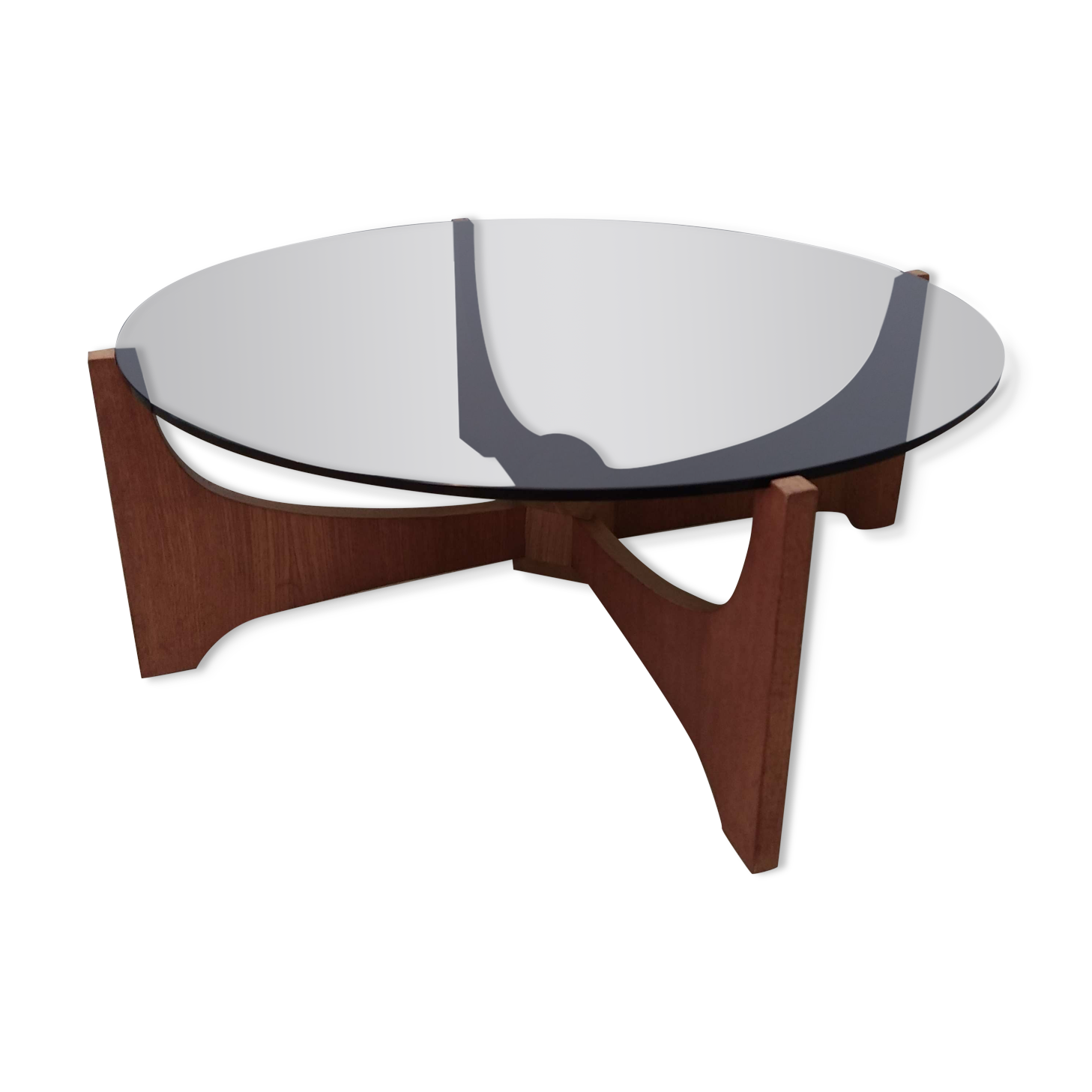 Teak round coffee table and smoked glass