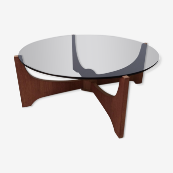 Teak round coffee table and smoked glass