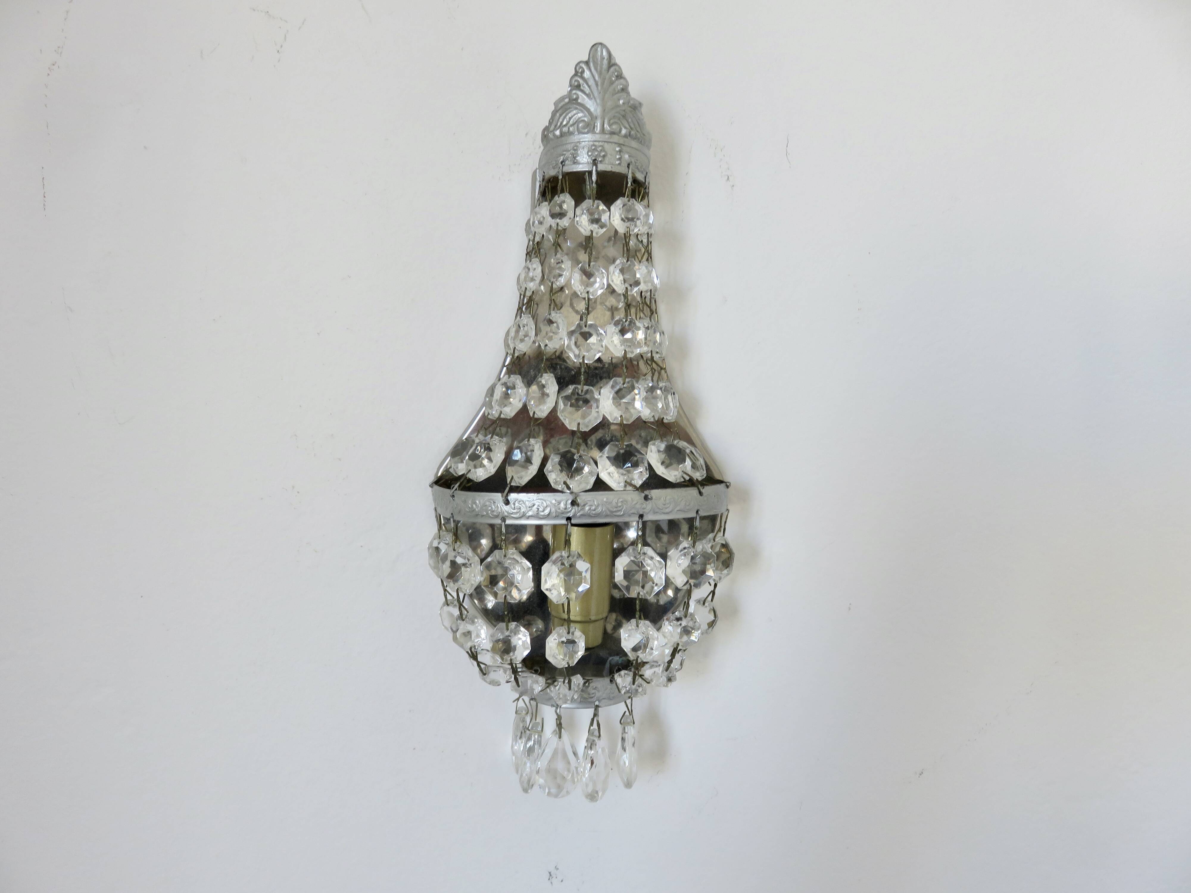 Pair of silver-plated balloon wall lights with pendants, circa 1970.