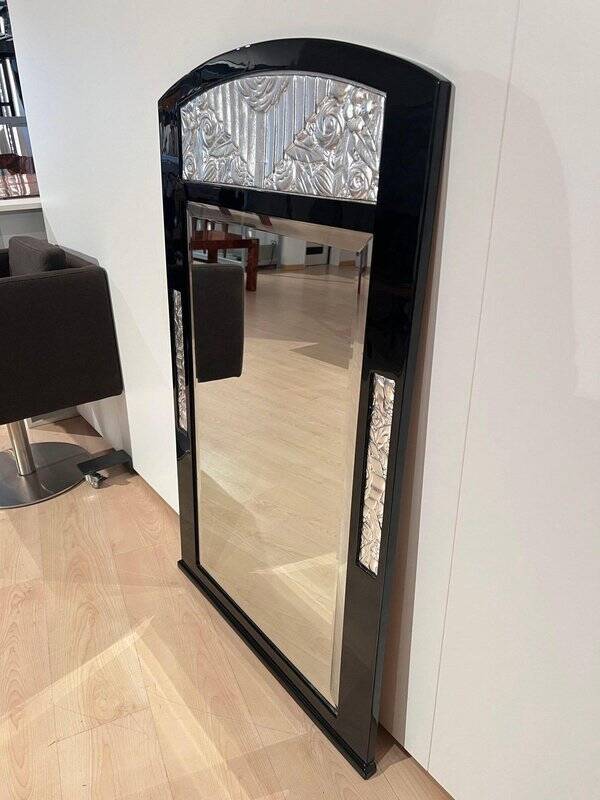 Art Deco Wall Mirror in Black Lacquer & Silver Leaf, France, 1930s