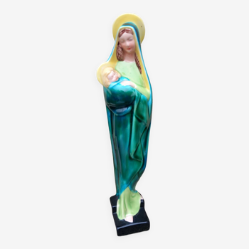 Virgin and child faience of desvres fourmaintraux - art deco