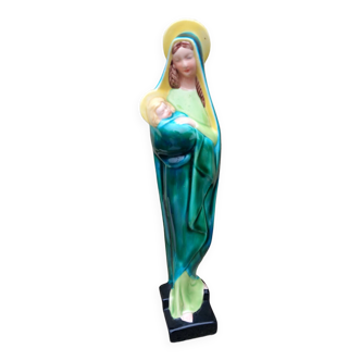 Virgin and child faience of desvres fourmaintraux - art deco