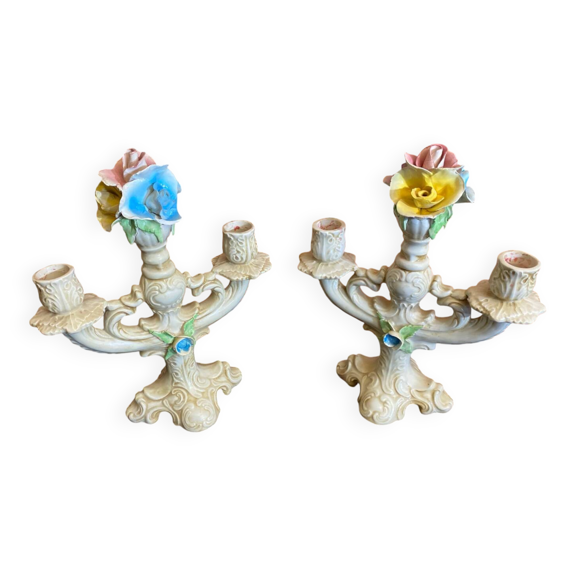Pair of Double Candelabra Candle Holders CAPODIMONTE Polychrome Ceramic