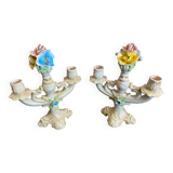 Pair of Double Candelabra Candle Holders CAPODIMONTE Polychrome Ceramic