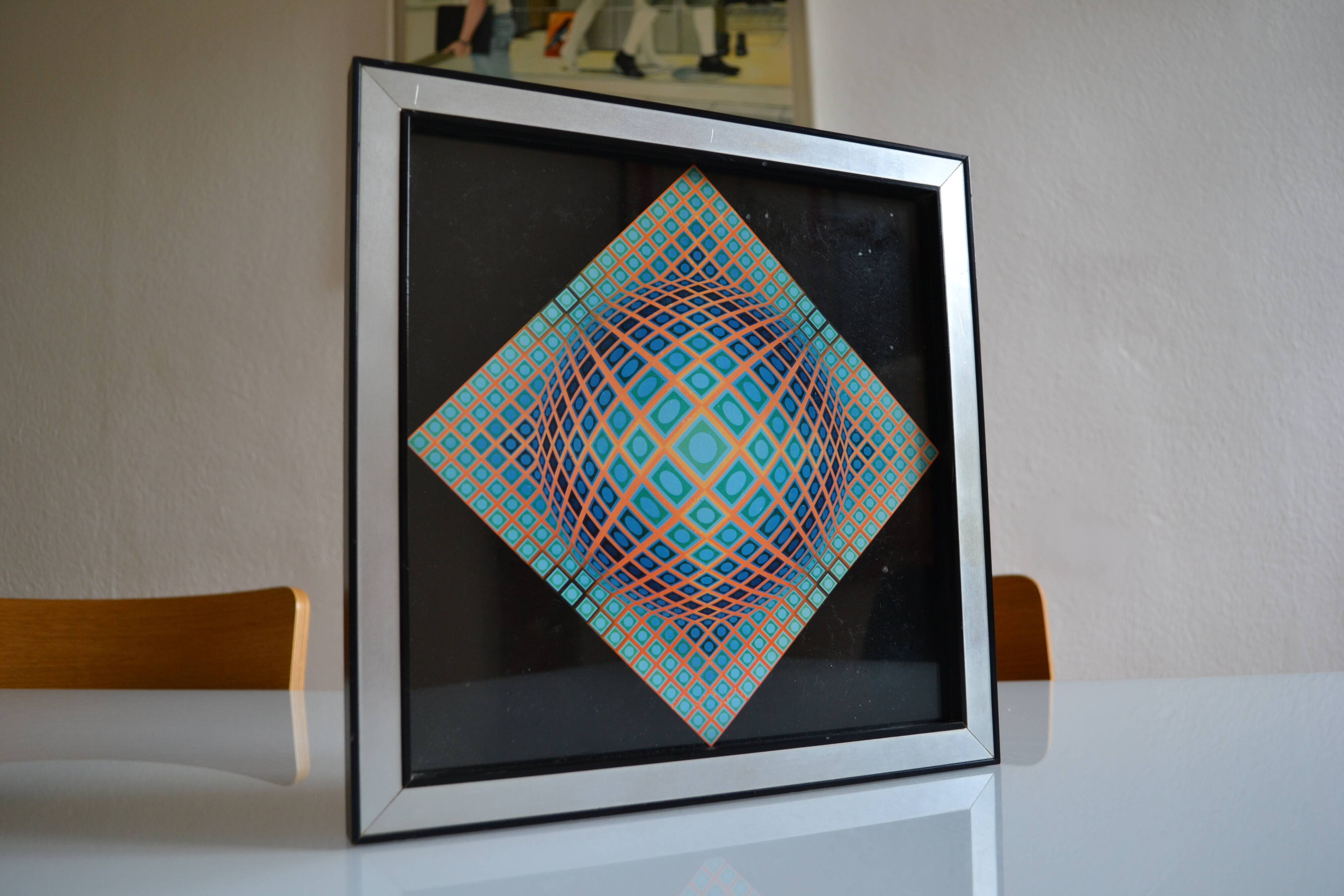 Victor vasarely impression offset annees 70 + cadre alu d'epoque