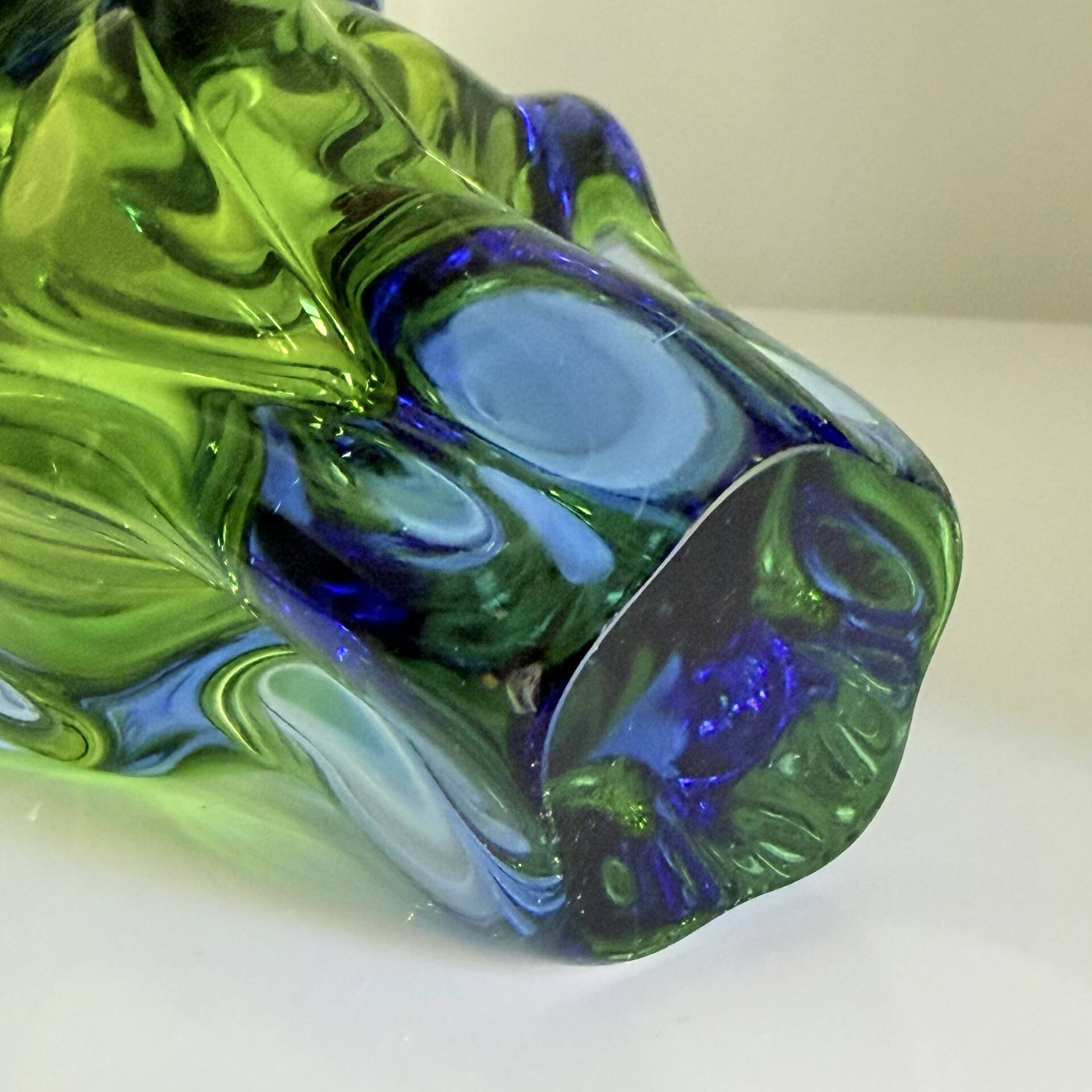 Twisted Sommerso art glass vase, Czech bohemian, 1970s, blue-green.