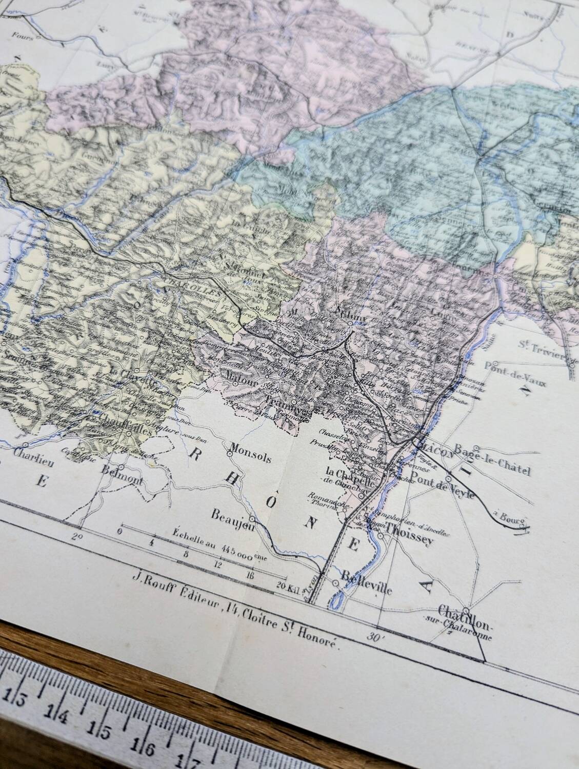 Saône-et-Loire, old map, printed in 1883.