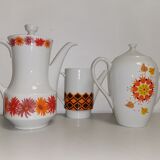 set of 3 Vintage Teapot Coffee Makers Orange Porcelain Pattern
