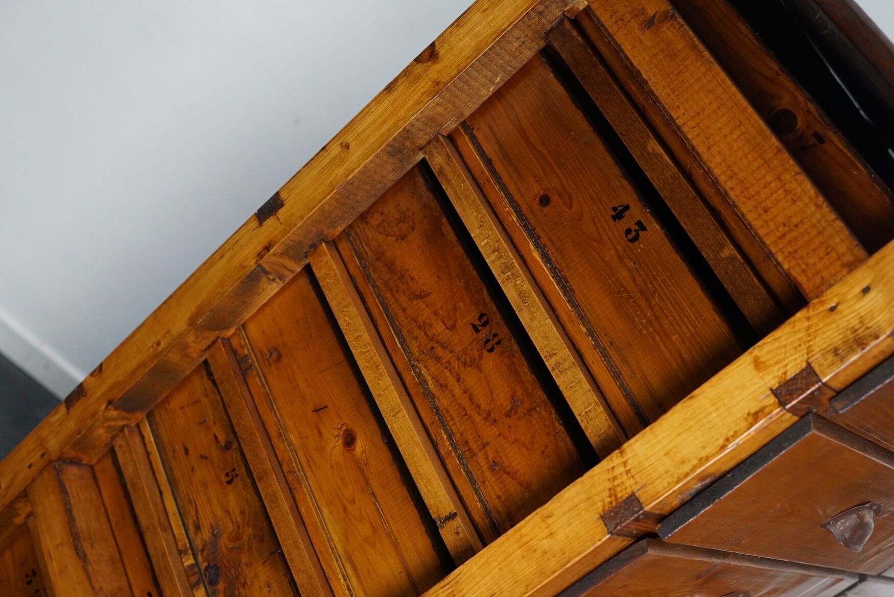 Dutch pine industrial apothecary cabinet, 1950s