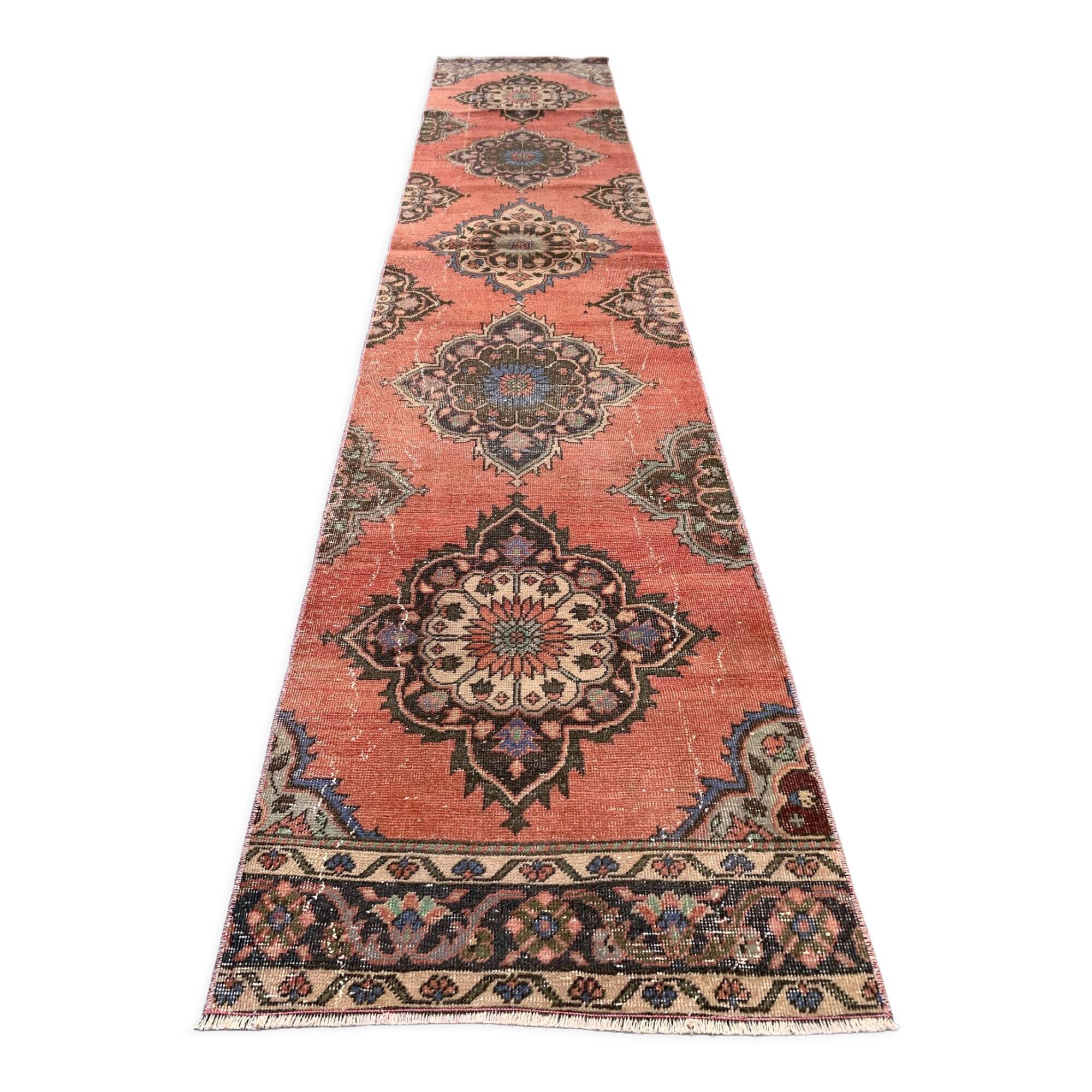 Distressed Turkish Runner 398x81 cm wool Vintage Tribal Rug