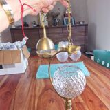 Old pendant light, structured glass globe - gilded brass
