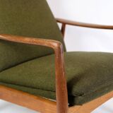 Set Of 2 Armchairs With Stool Made In Green Fabric & Teak By Alf Svensson For Fritz Hansen From 1960