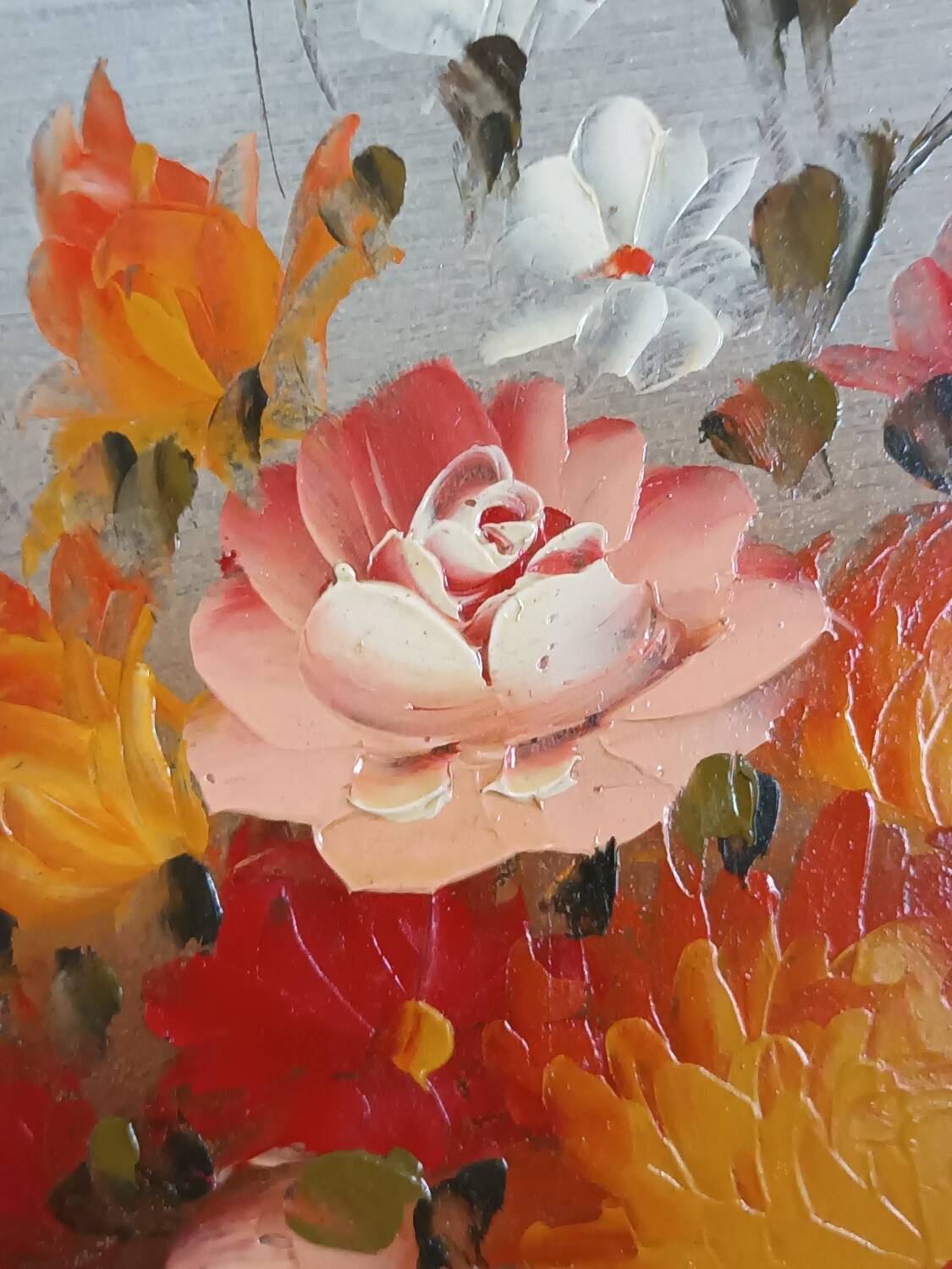 20th century oil on wood bouquet painting