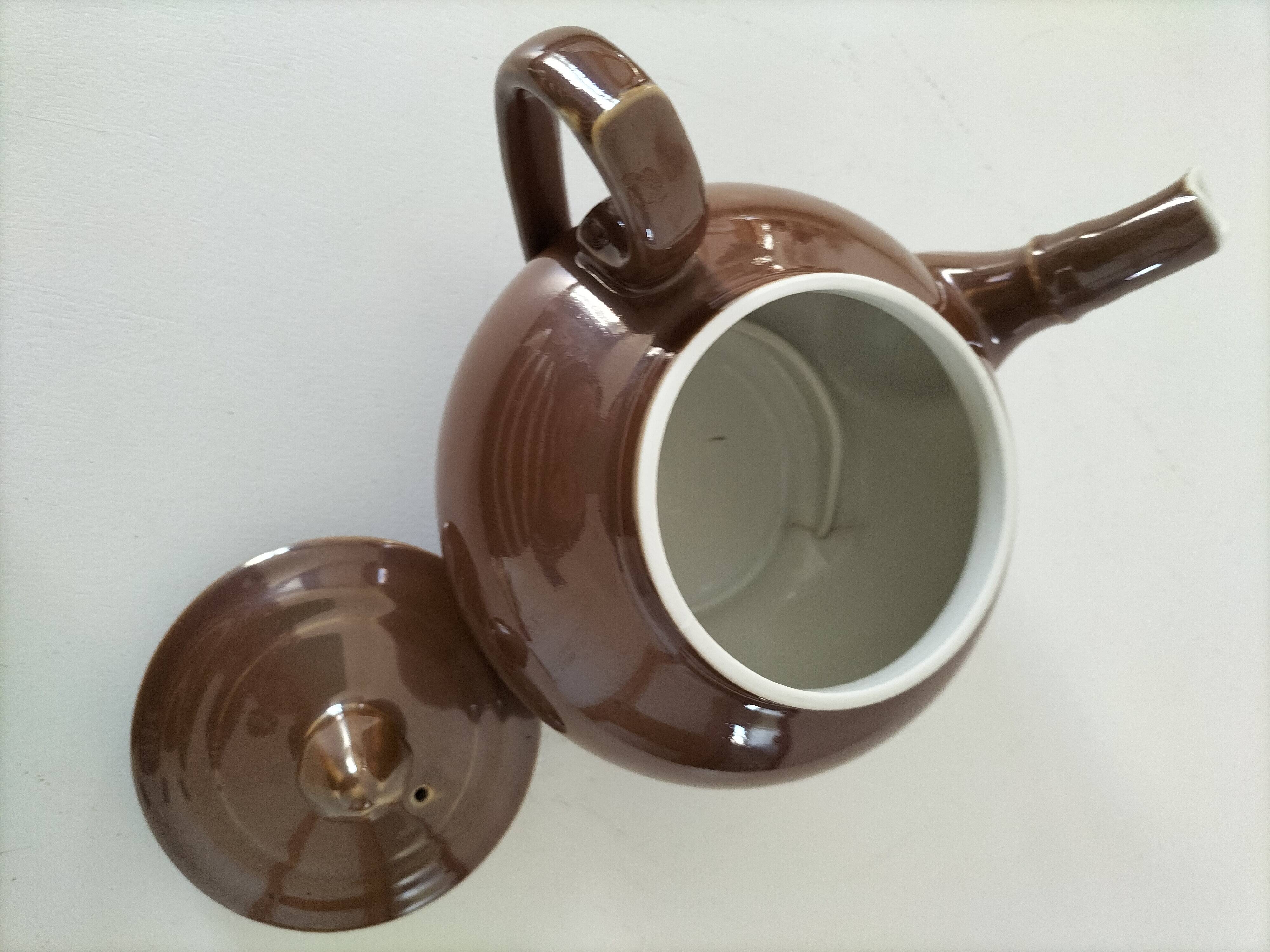 Vintage Pillivuyt teapot, rare model with perpendicular handle