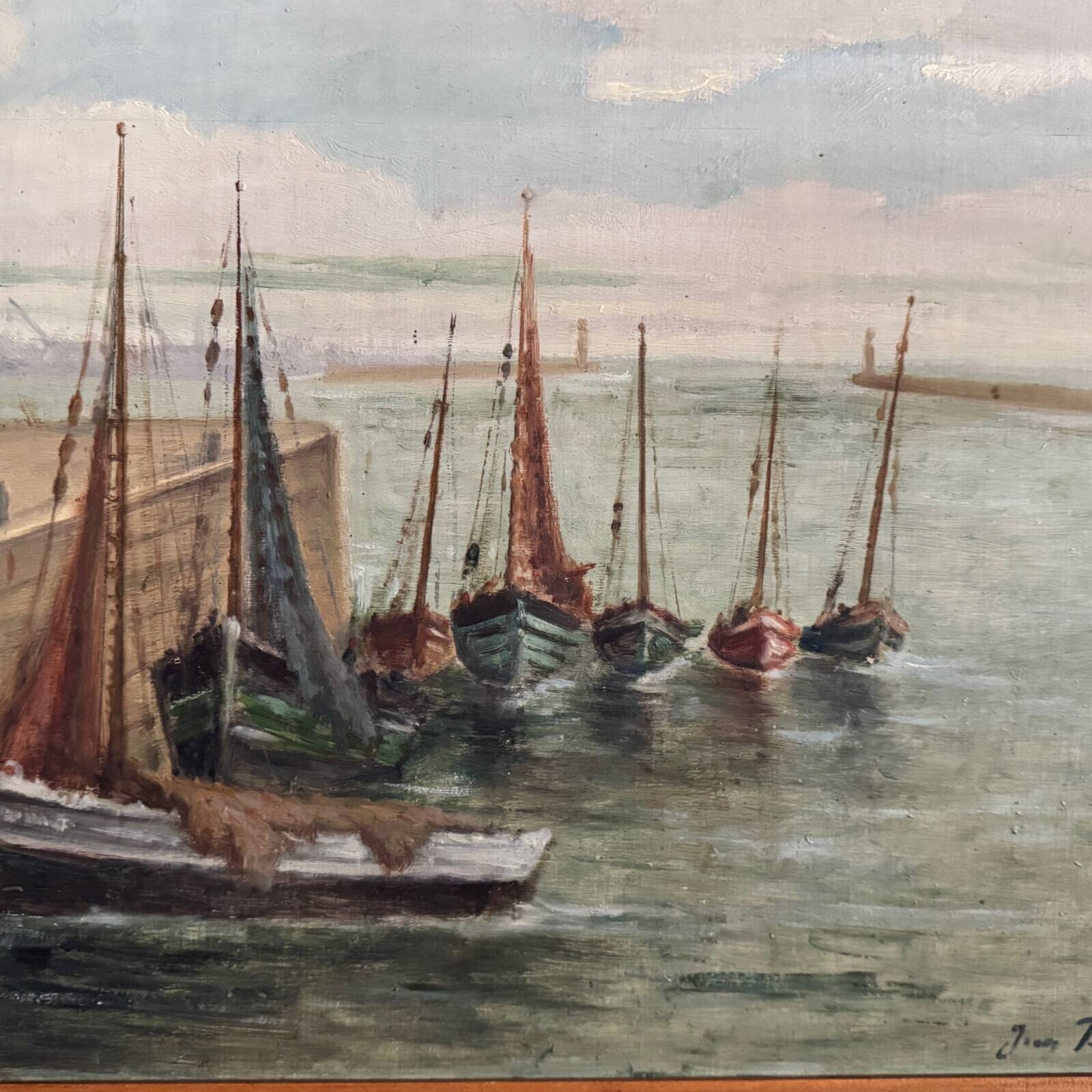 Oil on panel 20th century fishing boats by Jean Bernard Saint-Nazaire