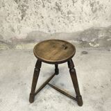 Tabouret vintage tripode brutaliste en bois