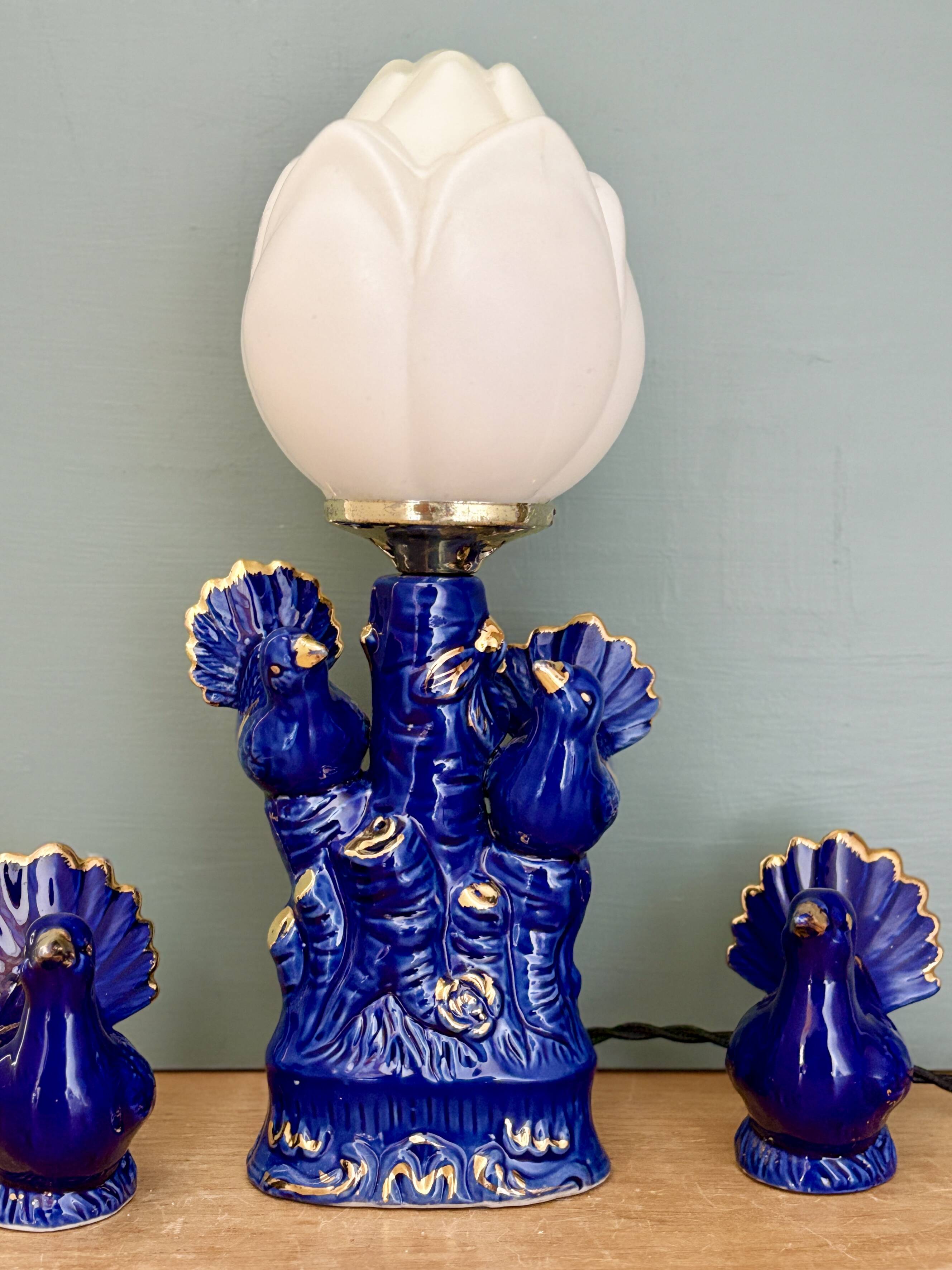 Vintage blue ceramic lamp with its birds.