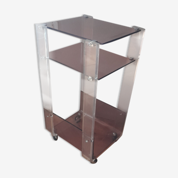 Console plexiglas bi-ton transparent et fumé sur roulettes, annees 70