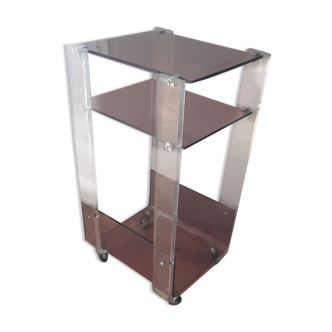Transparent and smoked two-tone plexiglass console on wheels, 70 years