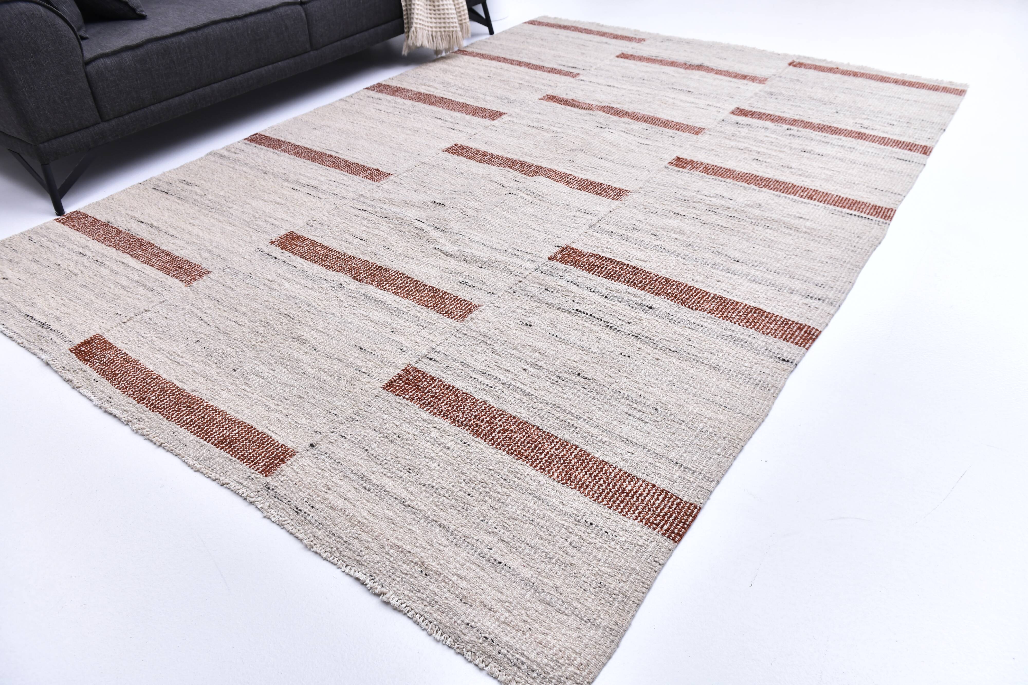 210x310 beige orange kilim rug, Beige terracota wool kilim carpet