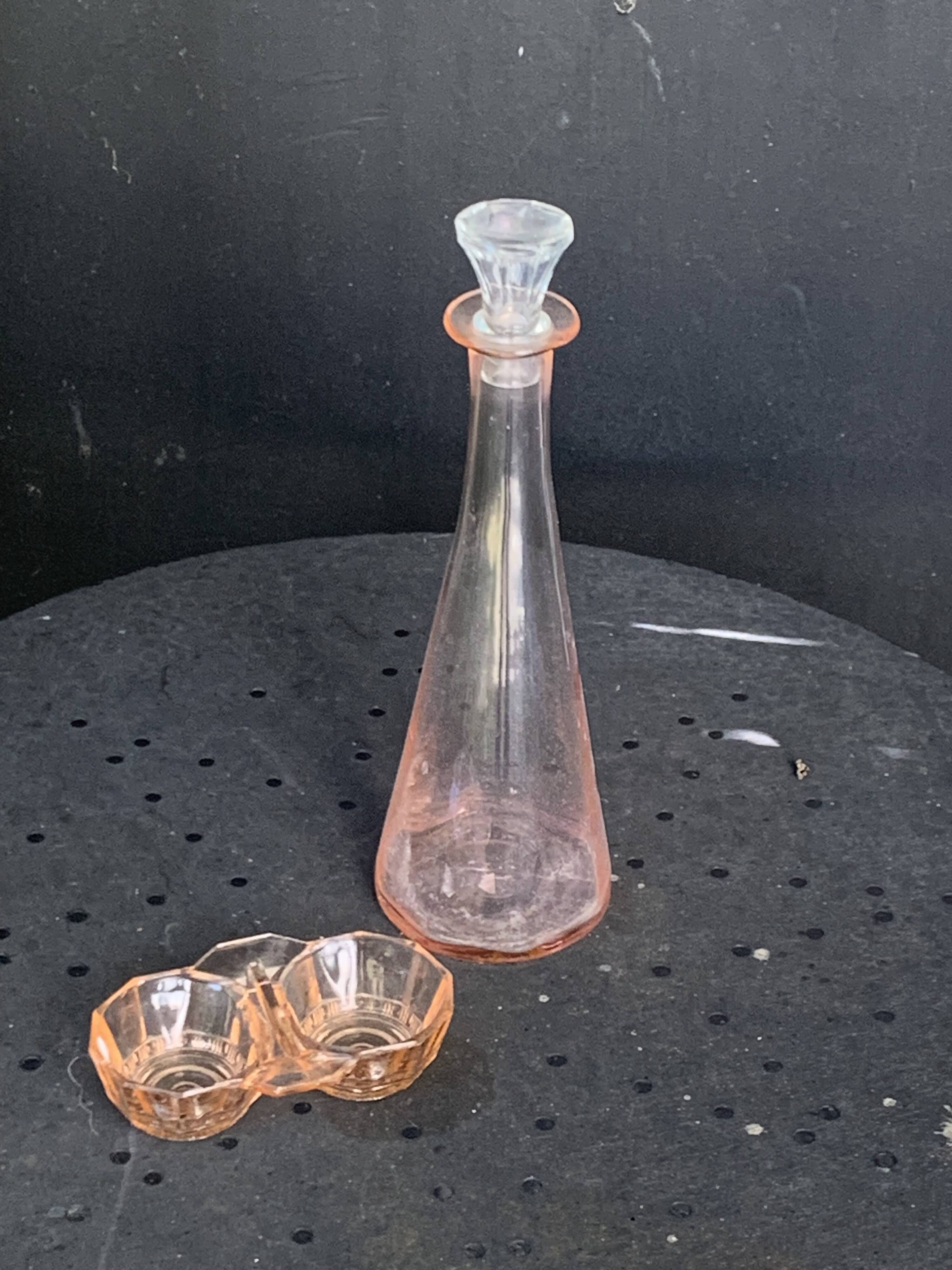 Vintage pink glass carafe and salt cellar