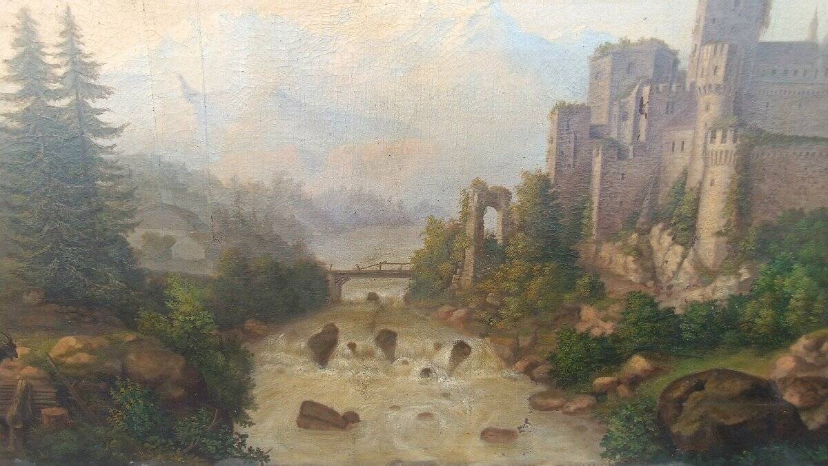 Large Antique Castle Landscape Painting, Oil On Canvas Signed Kraft 1850