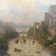 Large Antique Castle Landscape Painting, Oil On Canvas Signed Kraft 1850
