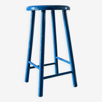 vintage wooden stool electric blue paint