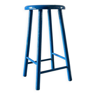 tabouret bois vintage peinture bleu electrique