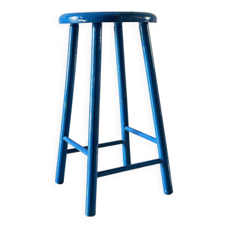 vintage wooden stool electric blue paint