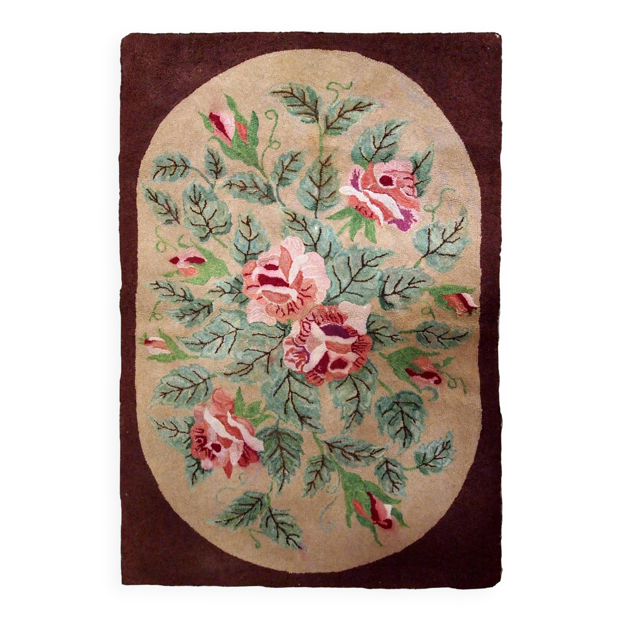 Tapis américain antique fait main en crochet 2,7' x 4,4' (82 cm x 134 cm) années 1900 - 1B647