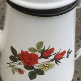 Coffee pot, in enamelled iron with patterns of red roses and white flowers, with filter, old