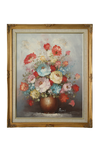 Tableau of a bouquet of flowers in pastel tones signed by Frederick.