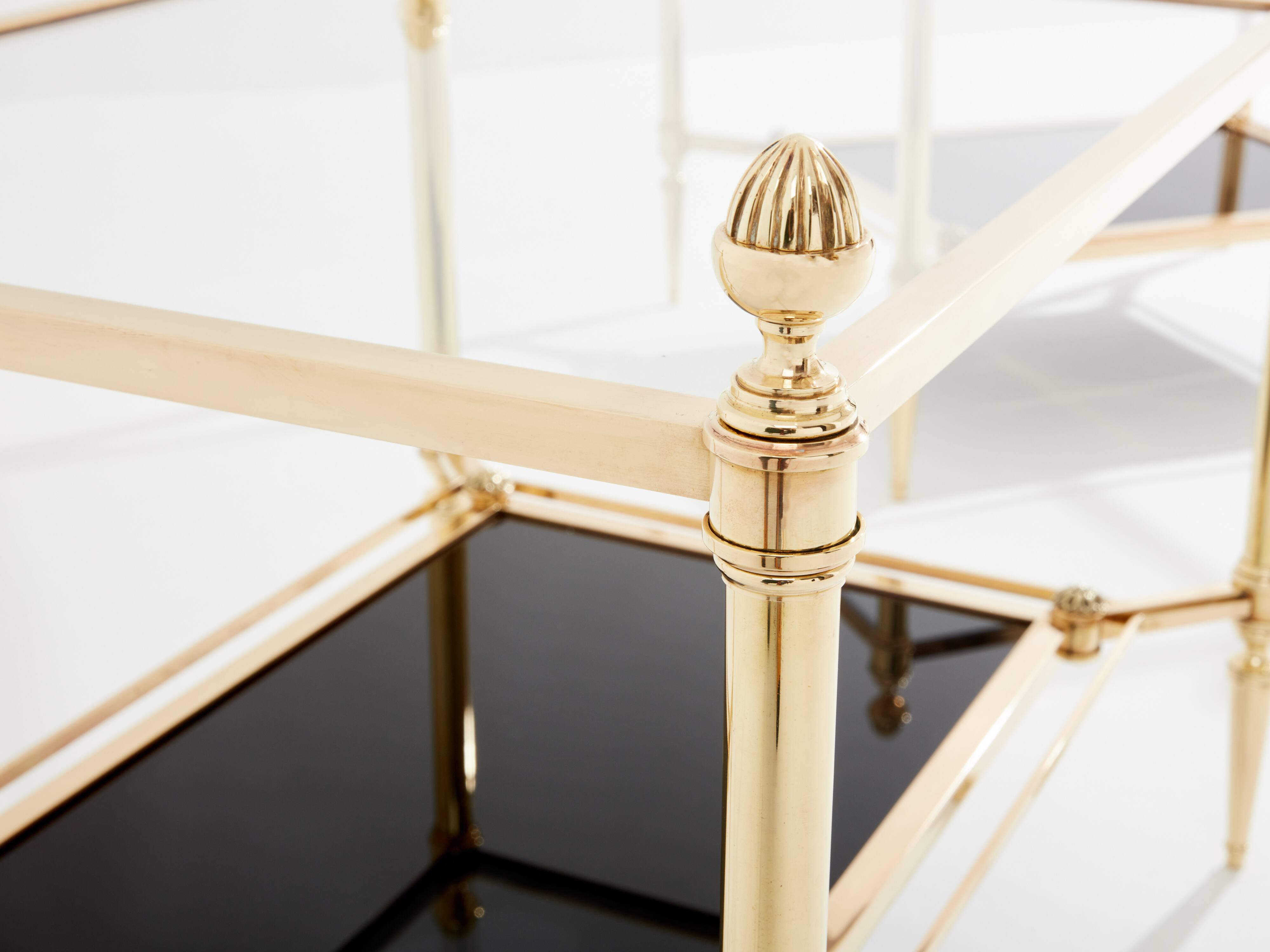 Maison Jansen style pair of brass opaline glass side tables 1970