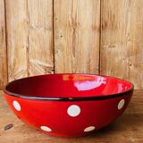 Red ceramic salad bowl with white polka dots