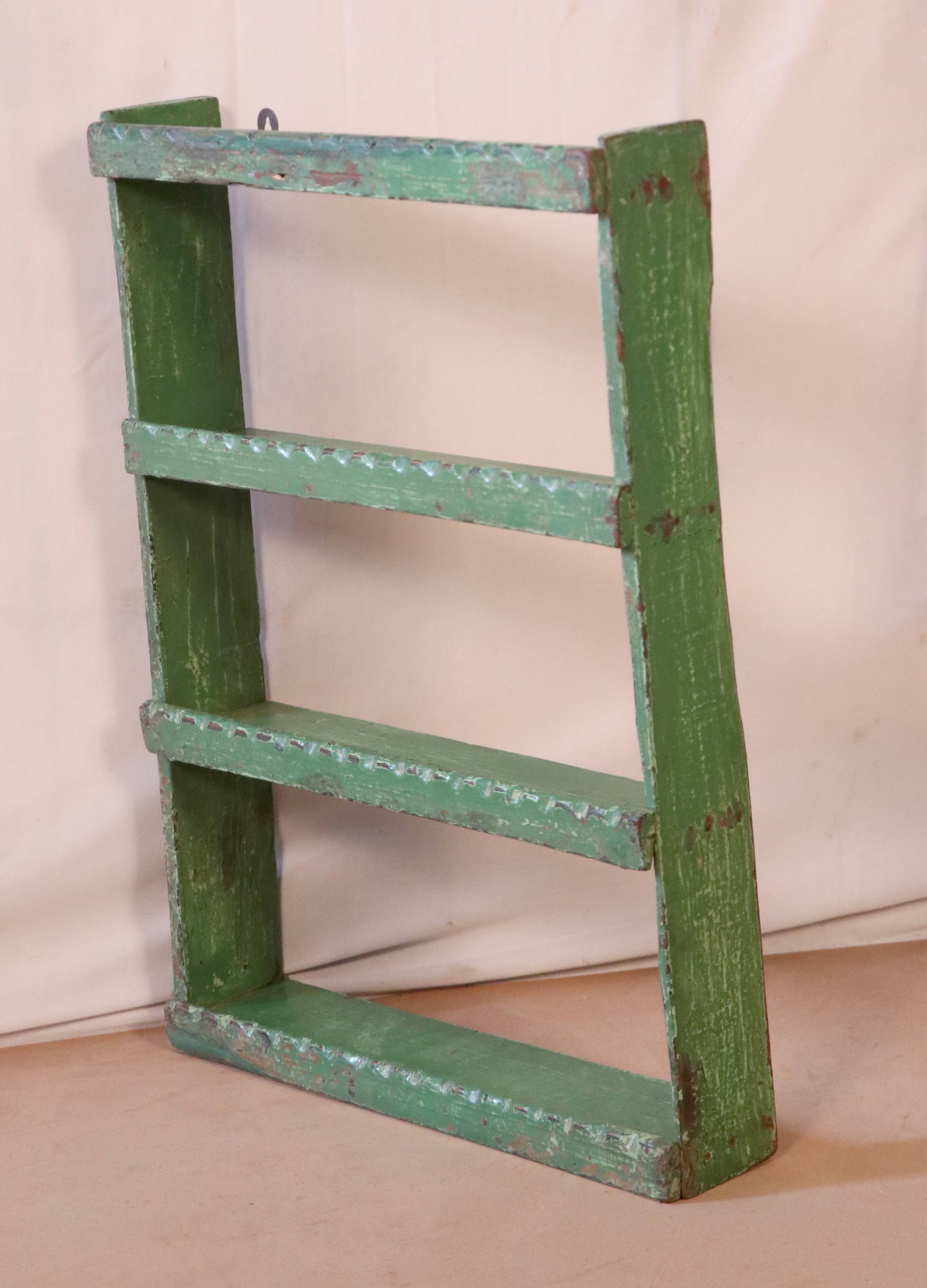 Old original Burmese teak wall shelf with green patina