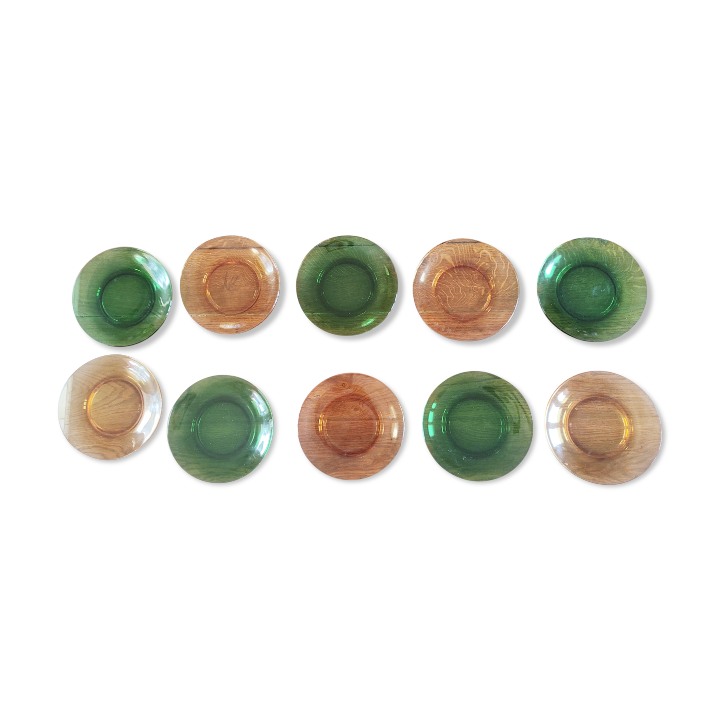 Set of 10 vintage Arcopal glass dessert plates green and orange