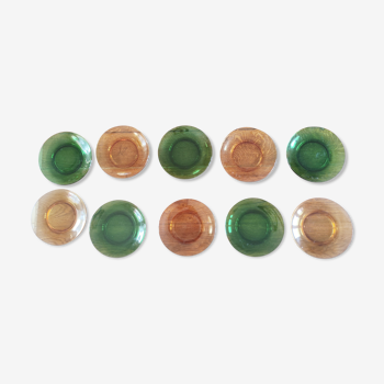 Set of 10 vintage Arcopal glass dessert plates green and orange
