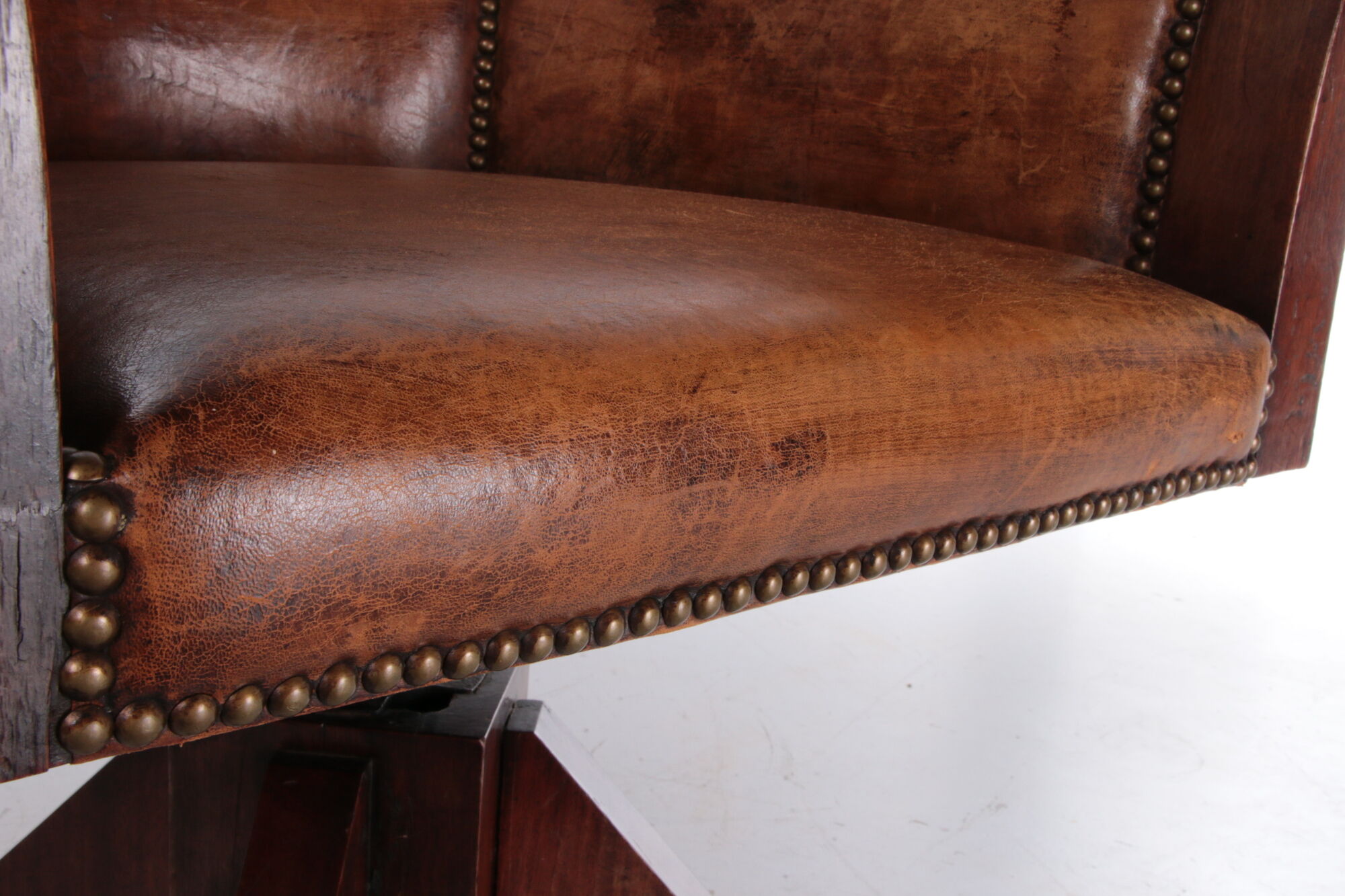 Sheepskin leather desk chair with wooden swivel base, 1970